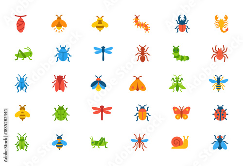 Entomology Icon Collection: A diverse set of colorful flat vector icons featuring various common insects, bugs, and invertebrates like butterflies, beetles, ants, dragonflies, bees, and spiders.