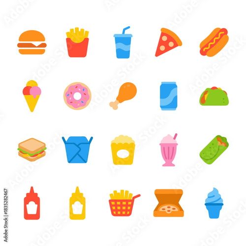 Fast Food and Snack Icon Set: A colorful array of flat vector symbols depicting popular convenience foods and beverages, including burger, fries, pizza, hot dog, taco, donut, ice cream, and soda.