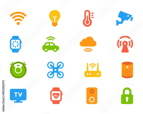 Internet of Things (IoT) and Smart Home Icon Set: A vibrant collection of flat vector symbols representing connected devices, wireless technology, automation, security, and digital living concepts.
