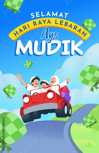 Mudik 2026 Festival Illustration with Family Driving Red Car for Eid Homecoming Celebration. Translation : Home Coming for Eid al Fitr Celebration. 