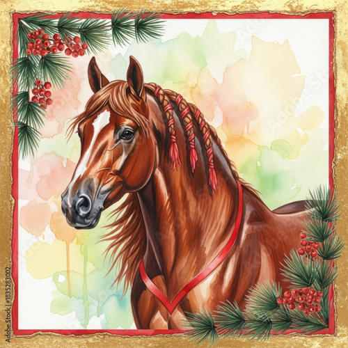 Beautiful Chestnut Horse Portrait with Festive Christmas Decorations 1.