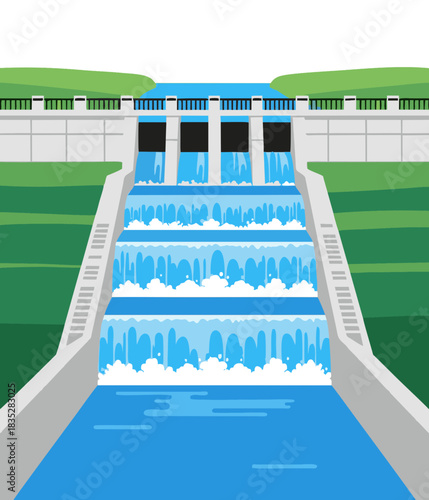 Modern Hydroelectric Dam Illustration: Renewable Energy and Water Management Concept