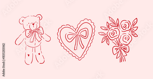 Whimsical Valentine's day vector clipart. Cute retro hand drawn design elements