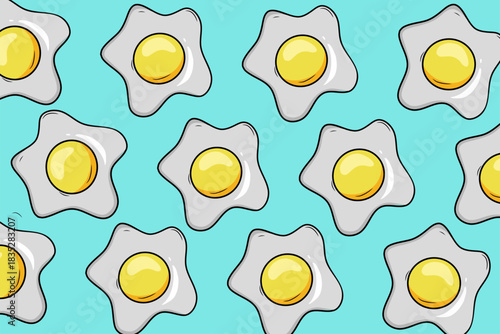 A Set of 6 Unique Seamless Fried Egg Patterns, Illustrations in Various Background Colors, Design, Perfect for Fabric, Wallpaper, Kitchen Decor, and Breakfast Food Styling.