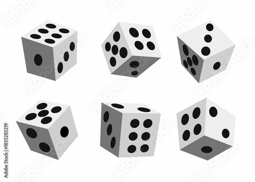 A set of dice illustrations showing various number faces. Perfect for games, math visuals, probability concepts, board games, icons, and graphic design elements.