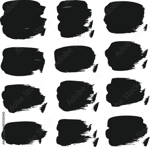 Collection of twelve bold black ink brush strokes in square shapes isolated on transparent background