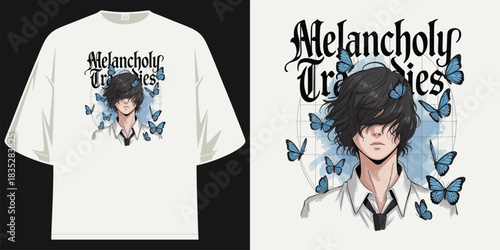 melancholy tragedies blue butterflies anime boy emo gothic aesthetic graphic tee shirt design t shirt design vector illustration artwork
