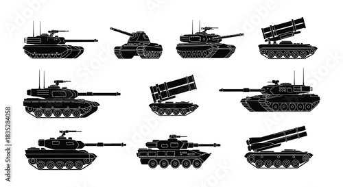 Silhouette collection of various military vehicles including tanks and missile launchers