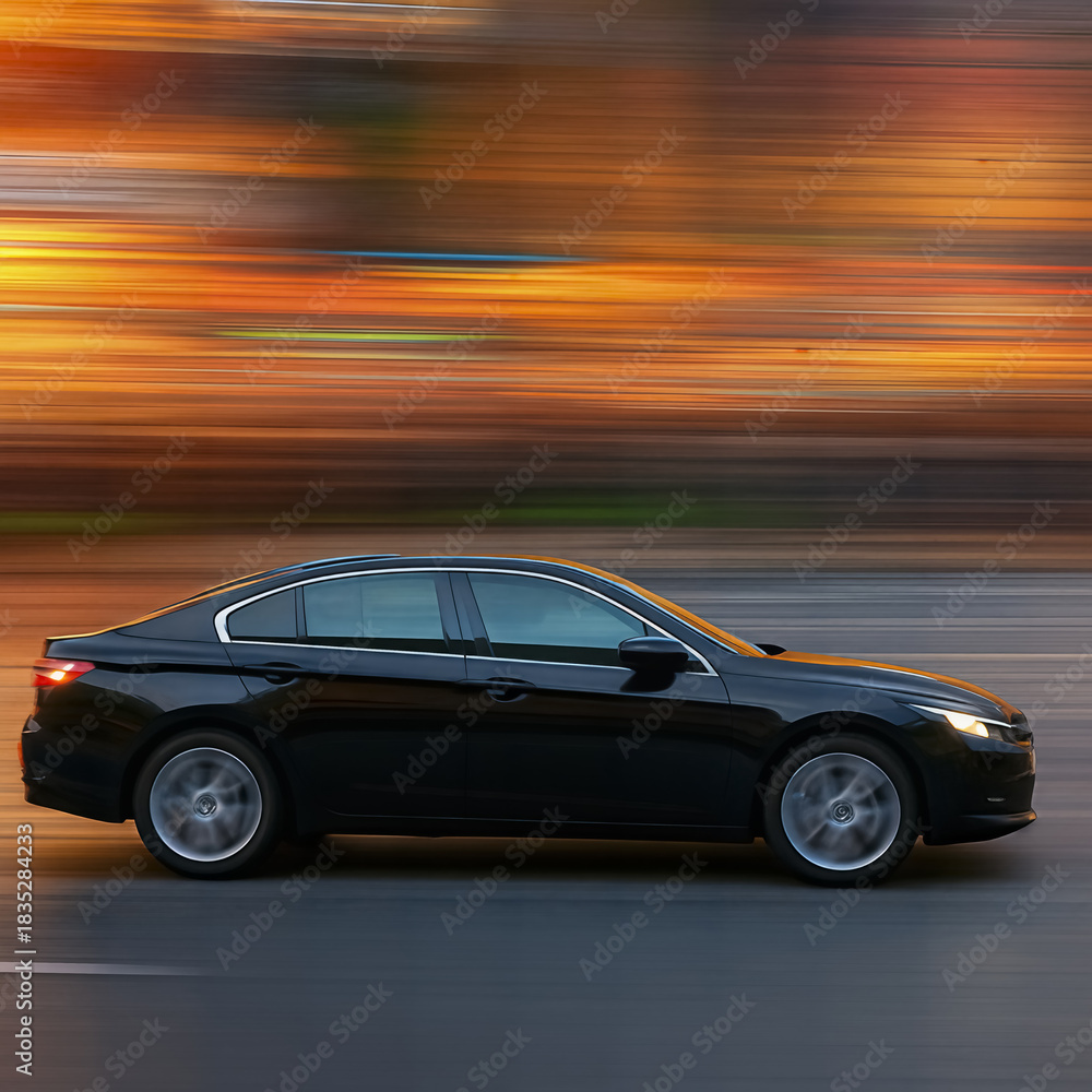 Obraz premium Black car driving fast with motion blur background AI generated