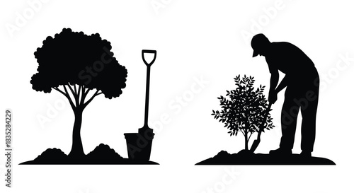 Gardener tending plants and a tree with gardening tools in silhouette