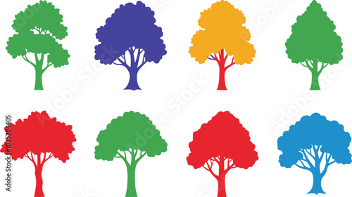 Colorful tree silhouettes in a row on a white background