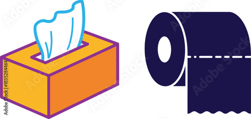 Isometric tissue box and toilet paper roll illustration on white background