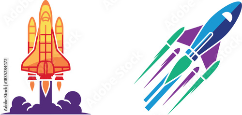 Colorful rocket ship and space shuttle vector illustration set on white