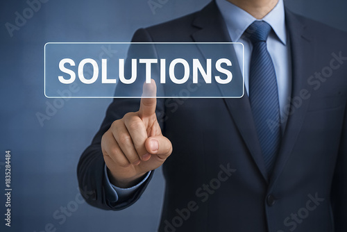 Business man touching Solutions button on screen AI generated