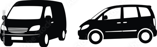 Two black and white car silhouettes a van and a minivan