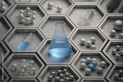 Chemistry lab equipment in hexagonal grid cells AI generated