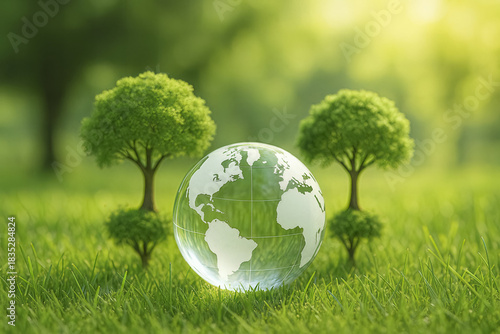 Crystal globe with green trees on grass AI generated