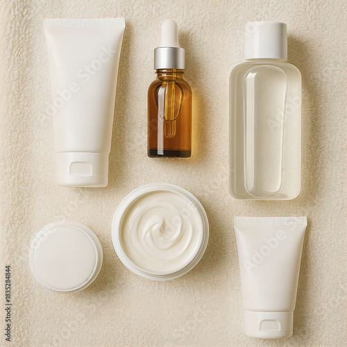 Cosmetic skincare bottles and cream flat lay AI generated
