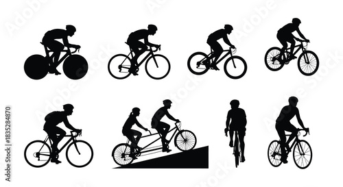 Silhouettes of cyclists performing various stunts on mountain bikes