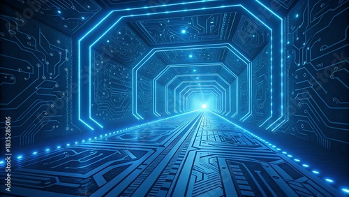 Fototapeta Naklejka Na Ścianę i Meble -  Abstract futuristic digital tunnel with glowing blue circuit board pattern and neon light frames, representing technology, data flow, and cyberspace
