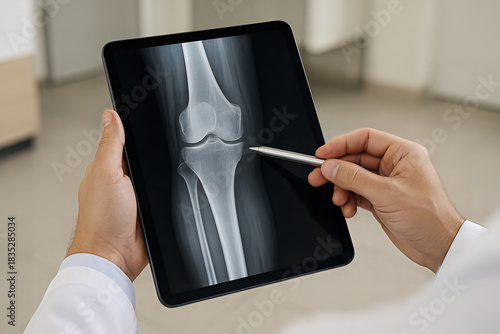 Doctor holding tablet showing knee bone X-ray AI generated