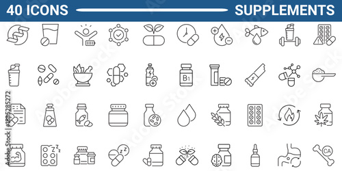 Supplements line icon set. Includes vitamin, nutritional Supplements, capsule, protein, minerals, herbal, probiotic, antioxidant. Editable stroke. Vector illustration