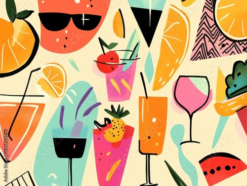An abstract illustration of food and drinks, with bright, bold colors and quirky shapes, creating a fun, hand-drawn look that fits the modern craft aesthetic