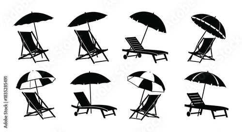 A collection of black silhouettes depicting beach chairs and parasols
