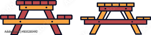 Two picnic tables in different color schemes vector illustration