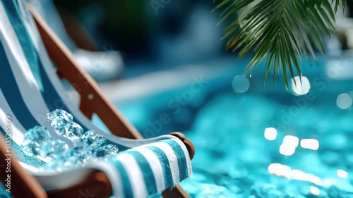 Sunlit poolside lounge chair with melting ice crystals on striped fabric next to turquoise water