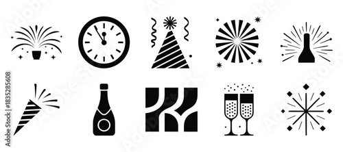 New year celebration icons set with fireworks clock champagne and party hats