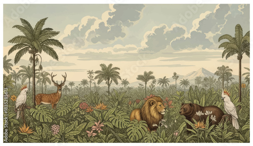 Tropical botanical landscape, palm tree,monstera, plant floral seamless background. Exotic green jungle wallpaper