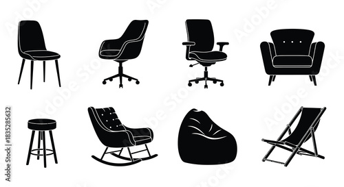 Variety of seating options chairs stools and loungers in silhouette style