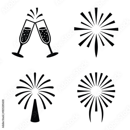 Celebration icons with champagne glasses and fireworks for new year or party