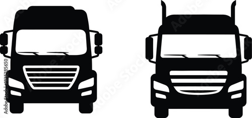 Front view of two semi trucks in black and white silhouette