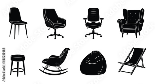 Variety of seating options chairs stools and loungers in silhouette style