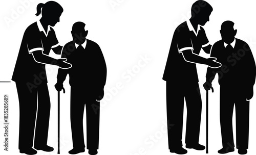 Nurse assisting senior man with cane silhouette illustration