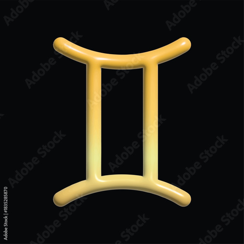 3D Golden zodiac sign Gemini. Gold glossy zodiac symbol isolated on a black background. Horoscope, astrology. Vector illustration. Luxurious design for prints, posters, cards and creative projects.