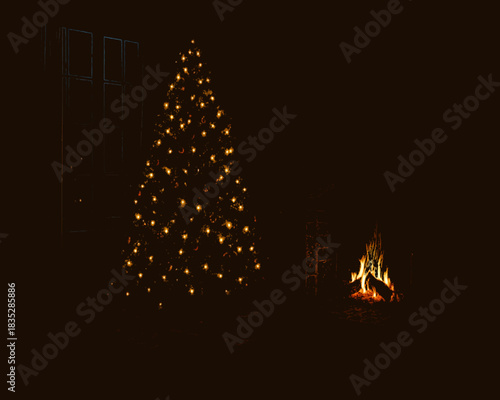 Cozy Indoor Christmas Scene with Tree, Fireplace, and Gifts