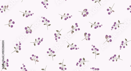 A delicate seamless ditsy pattern of small purple berry sprigs with tiny leaves scattered across a plain off-white background.