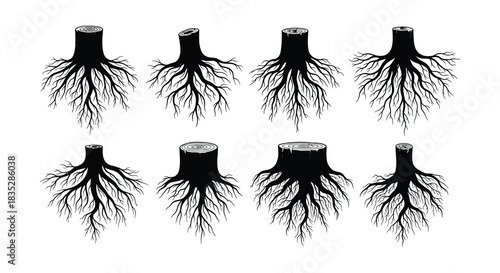 Detailed illustration of felled trees with visible root systems and stumps