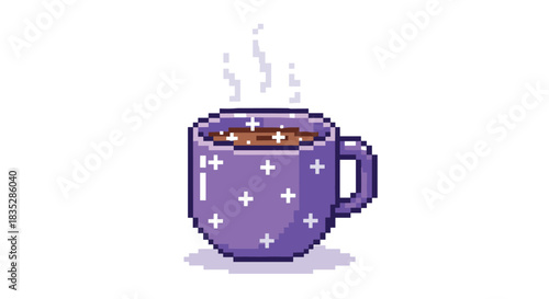 A cozy pixel art illustration of a steaming mug of hot chocolate or coffee in a purple cup with a white plus-sign pattern.