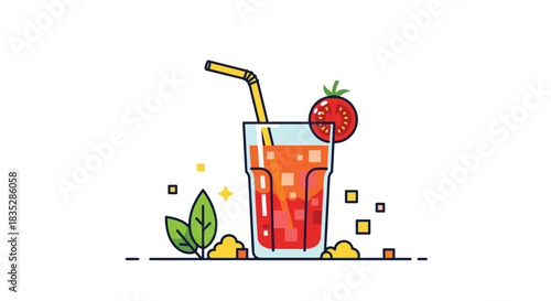 A modern flat design illustration of a refreshing glass of tomato juice with a straw a tomato slice and mint leaves.
