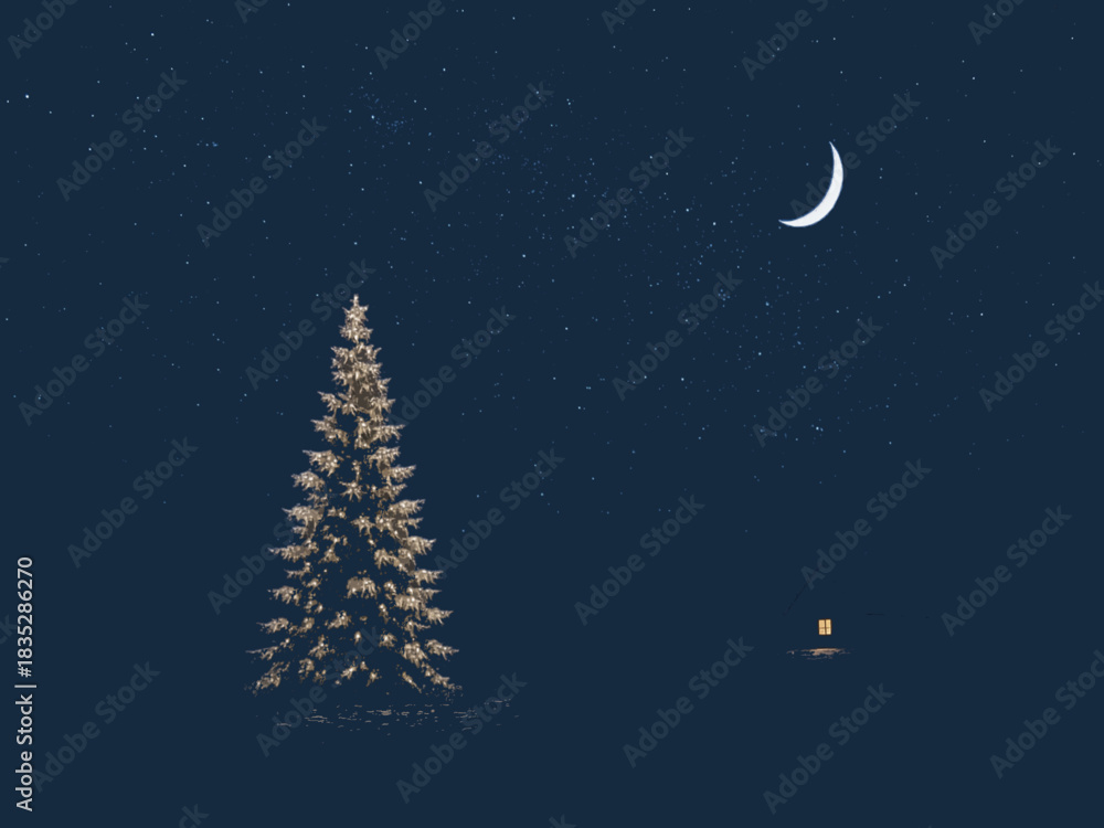 Naklejka premium Cozy Winter Night: Lit Christmas Tree, Cabin, and Crescent Moon in Snowy Forest