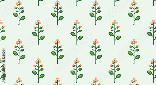 A simple pixel art seamless pattern of a delicate flowering plant with green leaves and peach blossoms on a light green background.