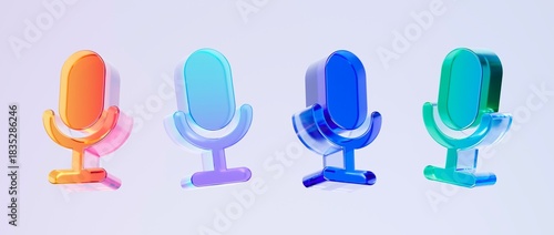 Set of 3D microphone icon, voice recording audio concept. Colorful gradient glass like icon, trending glass holographic icon, for graphic design, UI UX interfaces, 3d render illustration.