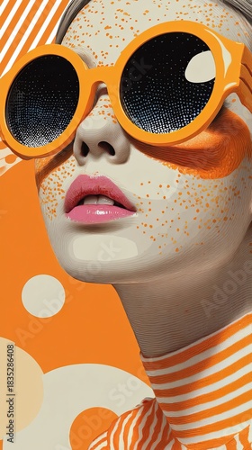 Modern surreal close-up portrait of woman with orange sunglass and freckle representing bold summer fashion and graphic pop art style
