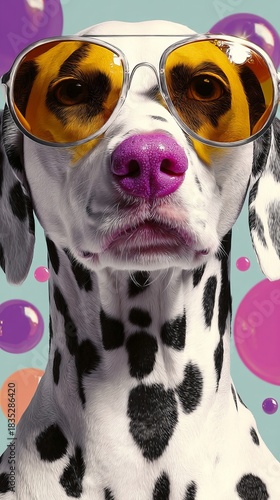 Surreal pop art portrait of a cool dalmatian dog wearing oversized yellow aviator sunglasses symbolizing retro attitude