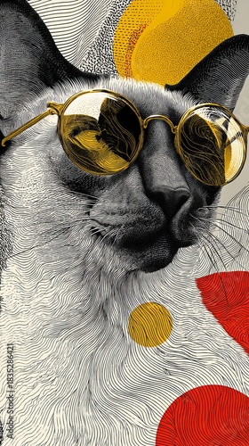 Modern art surreal siamese cat portrait with round gold sunglass symbolizing sleek animal fashion and detailed graphic illustration