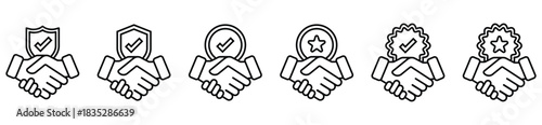 Business partnership handshake icons. Symbols of agreement, trust, teamwork, and professional collaboration in vector style.	